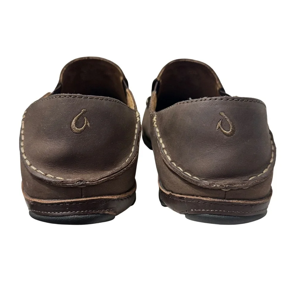 OluKai Moloa Slip On Loafers Mens 14 Dark Wood Brown Good Leather Drop In Heel